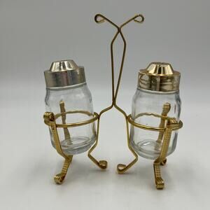 Vintage Home Kitchen Salt and Pepper Shaker Bottles with Gold Holder Storage
